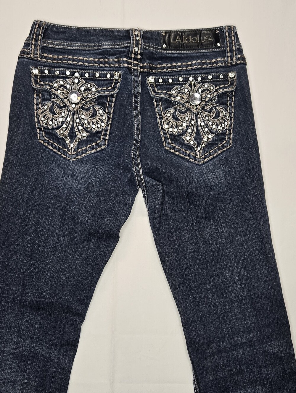 LA Idol Bling Pocket Dark Wash Bootcut Stretchy Low Rise Jeans Sz.5 29×34